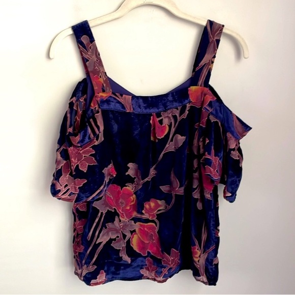 New Lucky Brand Floral Velvet Blue & Pink Burnout Off-Shoulder Top Size Small - Picture 2 of 8